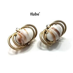 Hobe’ 1950s Gold Plated Art Glass Clip Earrings White & Gold Swirl Vintage